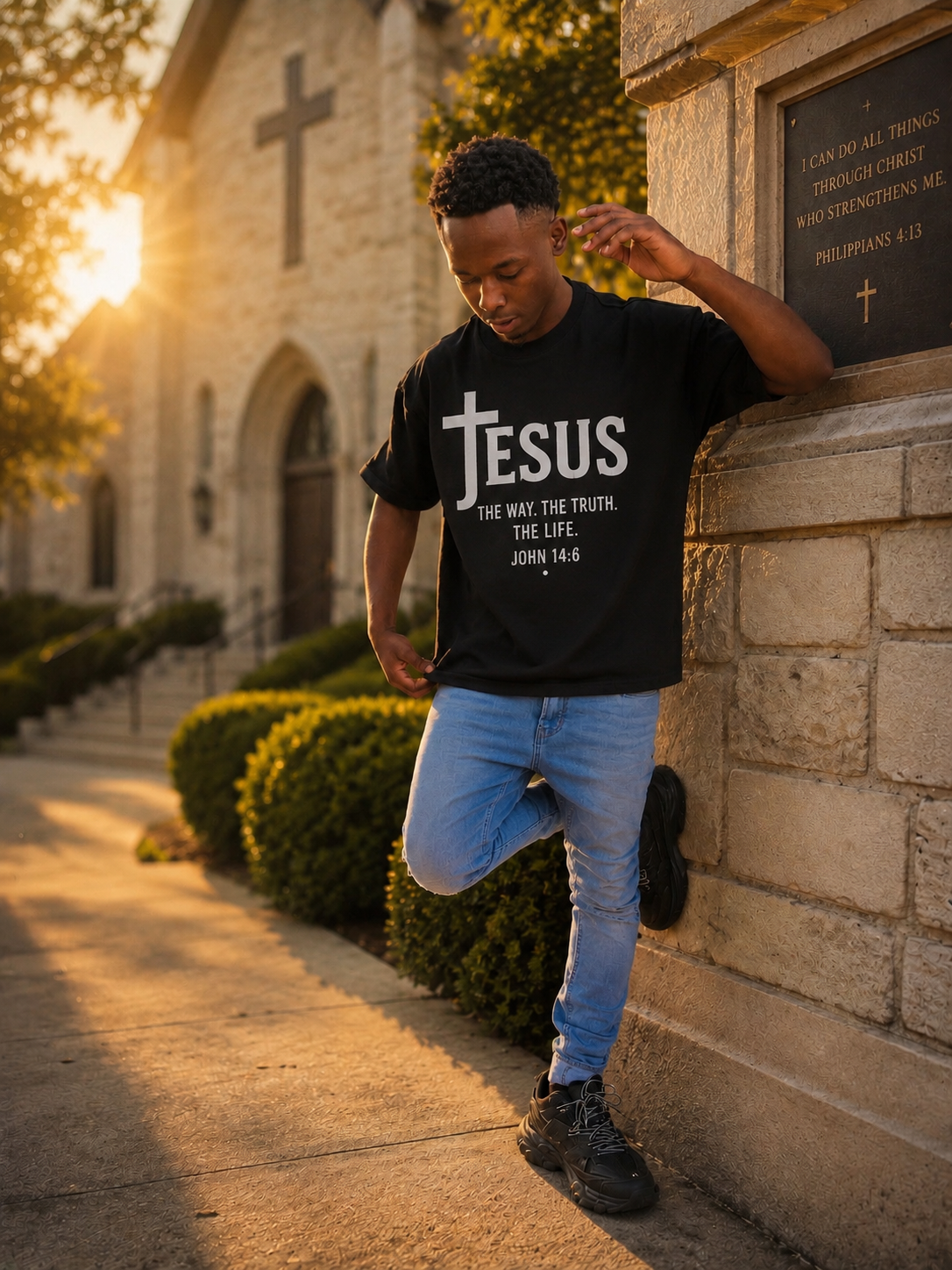 Jacques Mbitswenimana standing before a church at sunset, wearing a Jesus shirt